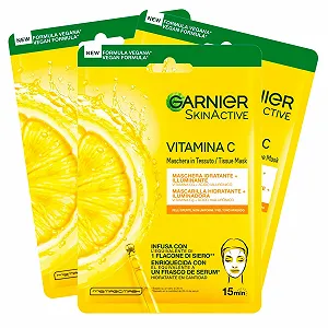 Одноразова Маска для обличчя Garnier SkinActive Зволожуюча та сяюча плівка з вітаміном C та гіалуроновою кислотою - 3 одноразові маски - Фото 1