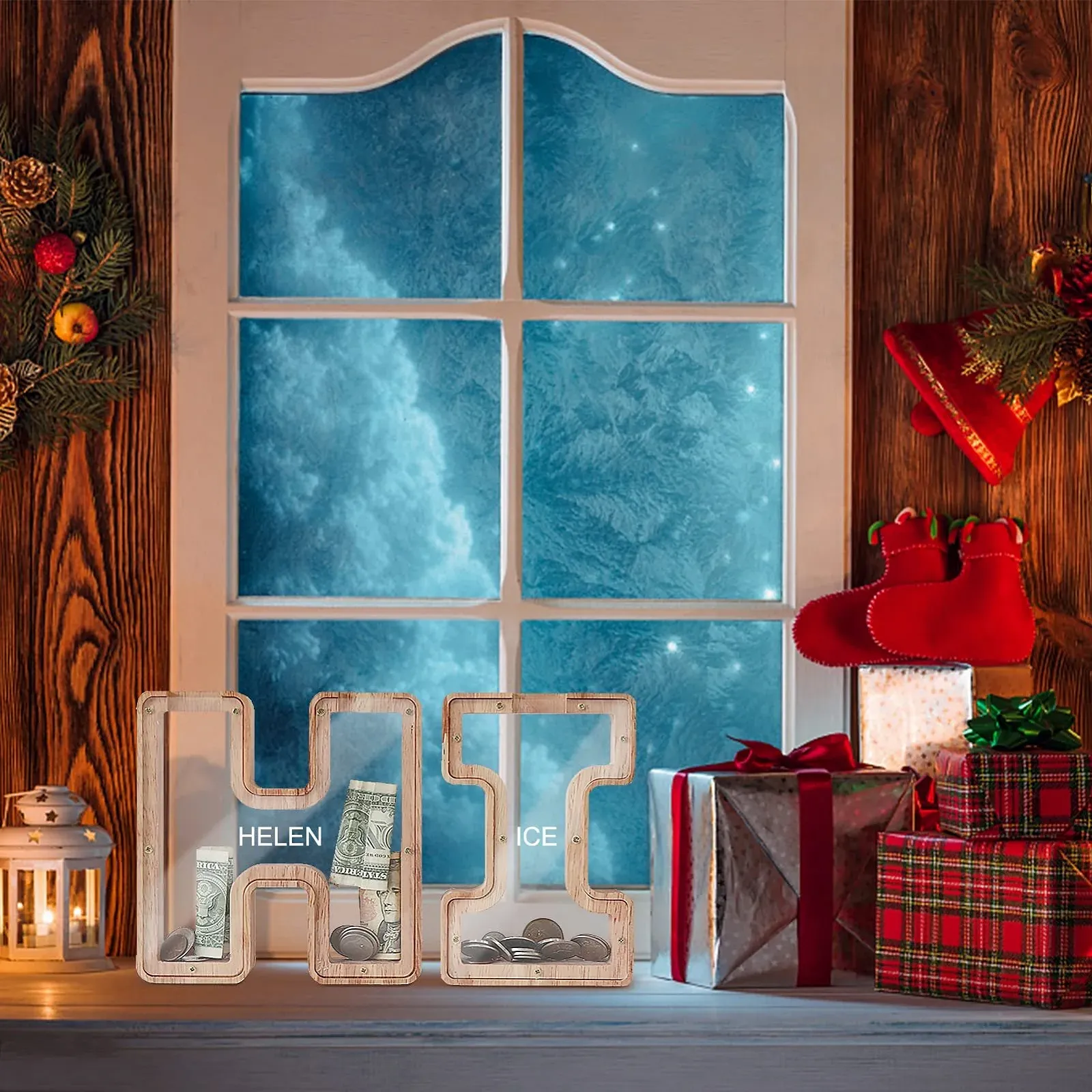 Скарбничка дерев'яна у формі літери M з прозорим вікном, фото №6