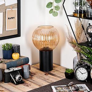 Настільна лампа HOFSTEIN Koyoto з металу та рифленого скла 20 см E27 Чорна/Бурштинова synthetic.ua - Фото 1