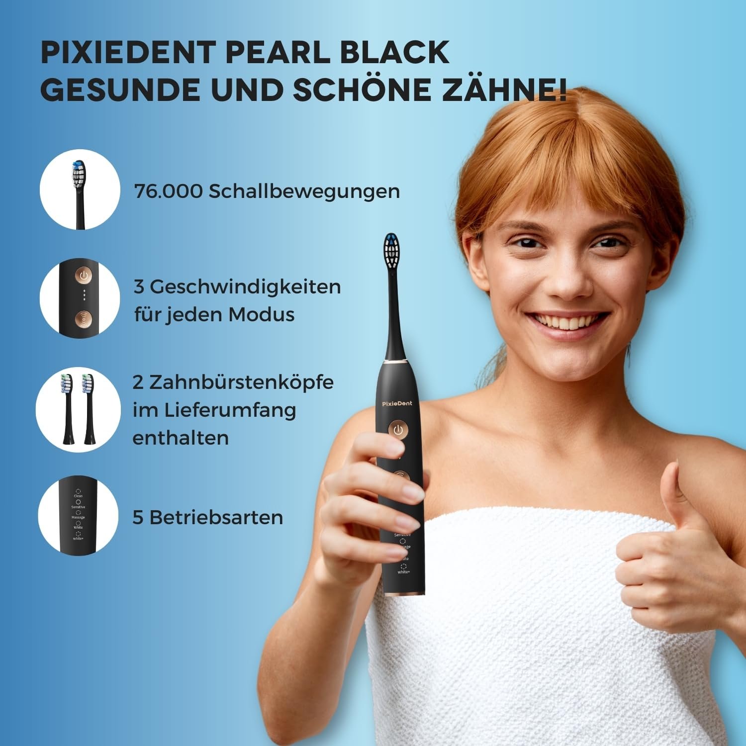 Електрична зубна щітка PixieDent Pearl звукова 5 режимів 3 рівні потужності 96000 рухів, фото №4