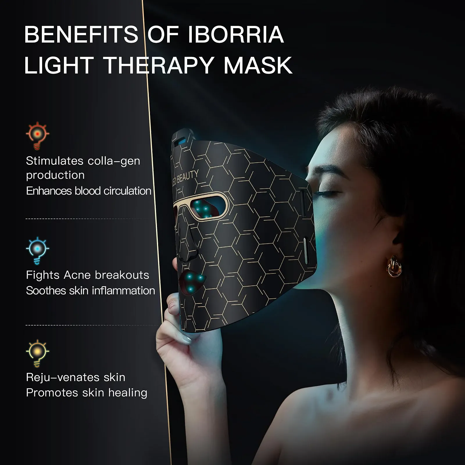 LED Маска для лица IBORRIA с красным светом, LED светотерапия для лица и кожи, 3 цвета с ближним инфракрасным светом, фото №3 LED Маска для лица IBORRIA с красным светом, LED светотерапия для лица и кожи, 3 цвета с ближним инфракрасным светом, фото №3