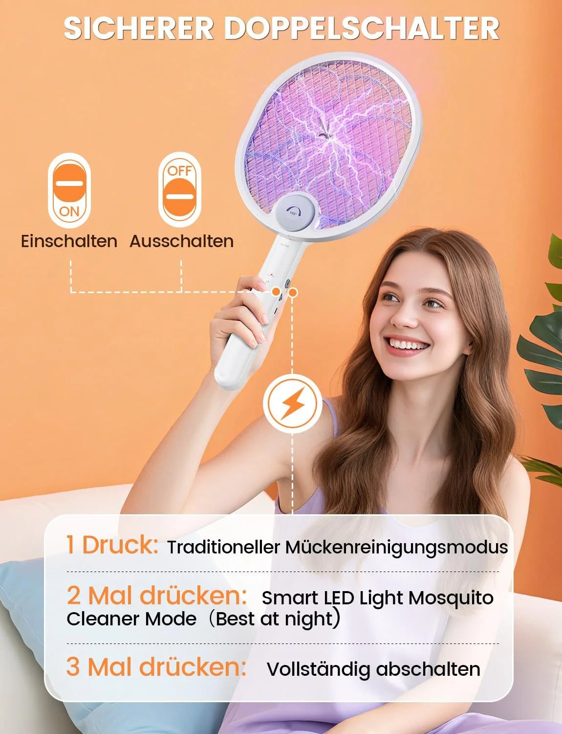 Електрична Мухобійка WOCVRYY 3-в-1 4000 V 1800 mAh Type C LED Складана, фото №8