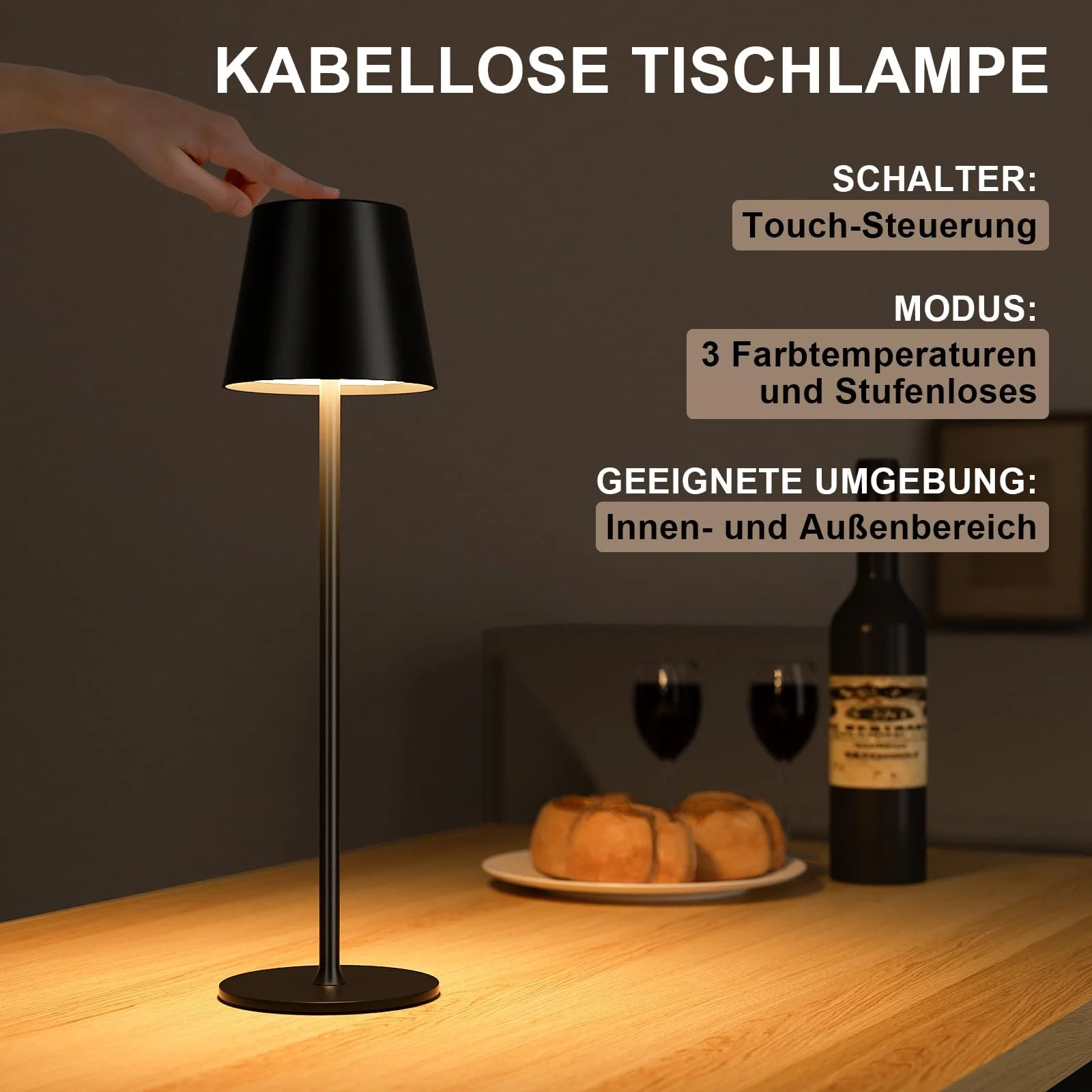 Настільна лампа PreeOtti LED Бездротова Акумуляторна USB-C Чорна, фото №3