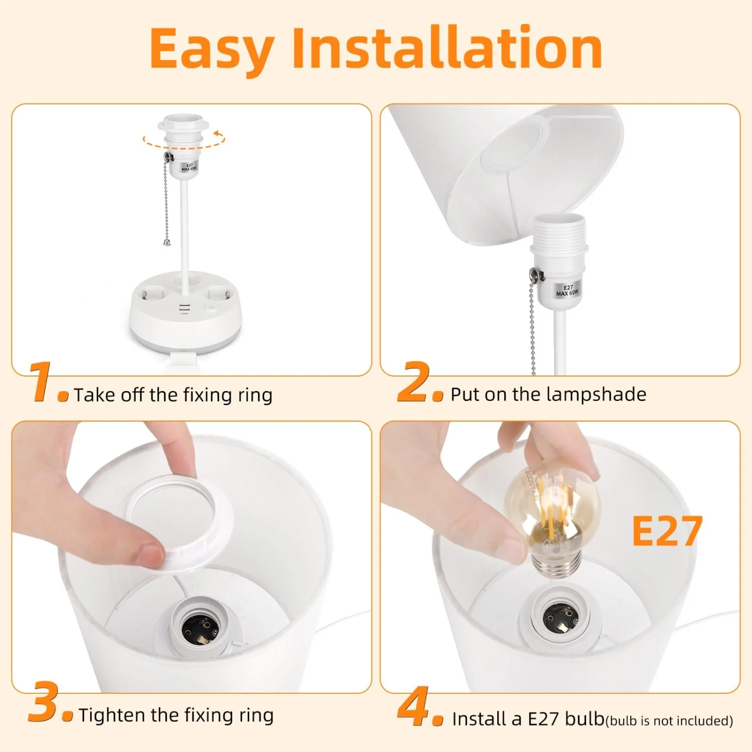 Настільна лампа Aigostar E27 з розетками та портами USB і Type-C Біла, фото №7