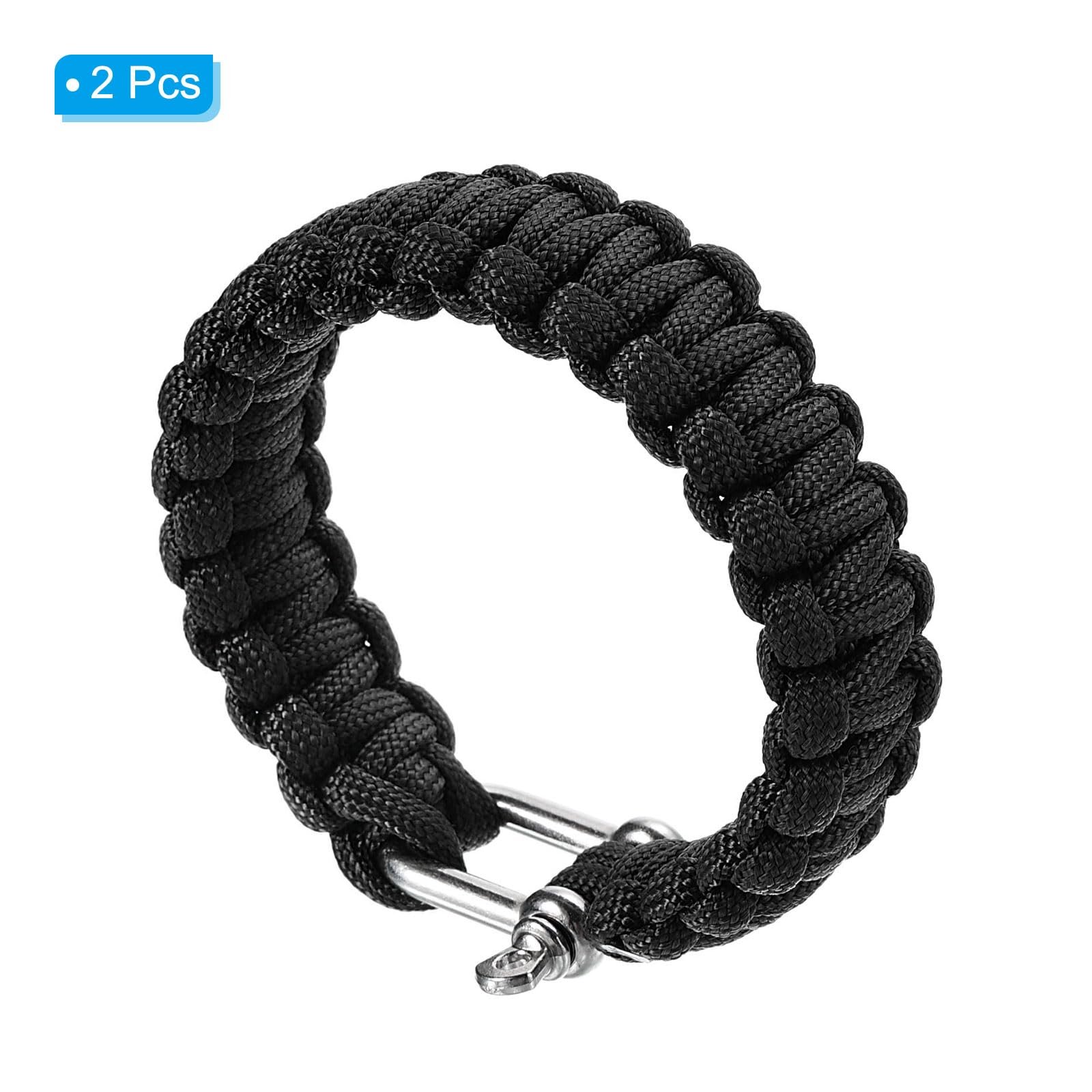 Браслет Paracord PATIKIL для виживання, 2 шт, плетений, U-подібна пряжка, нержавіюча сталь, Чорний, фото №3