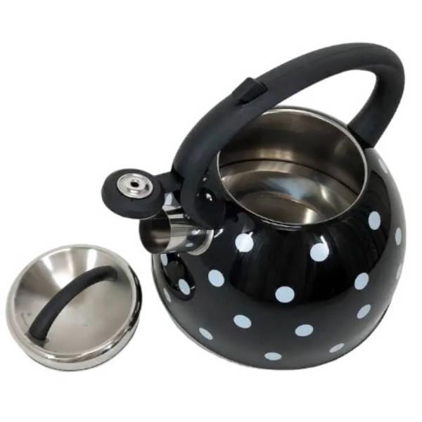 Чайник из нержавеющей стали со свистком 2,5л UNIQUE UN-5301 Черный в горошек, фото №1