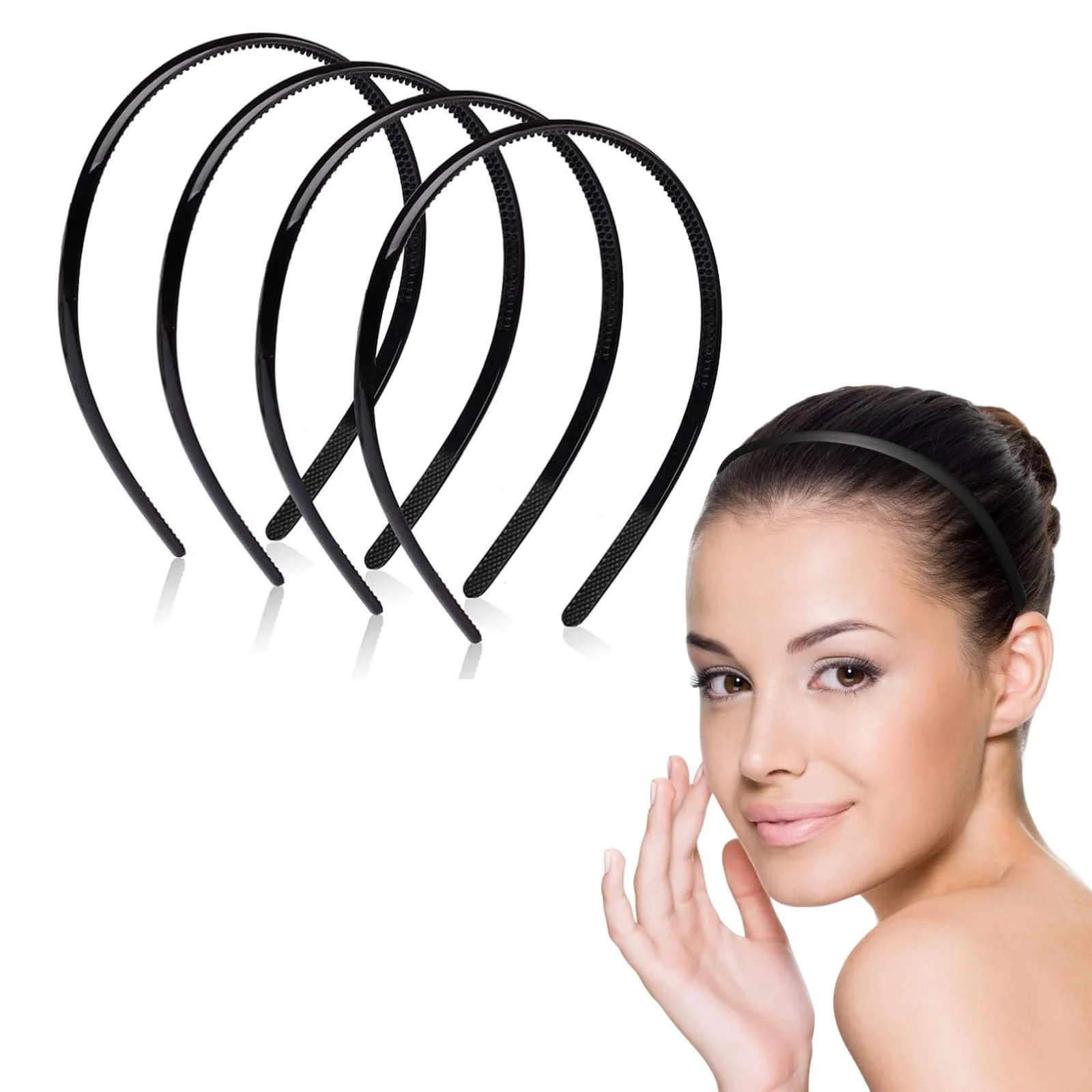 Обруч Пластиковий з Зубцями Тонкий для Волосся, Чорний, 4 шт, фото №1