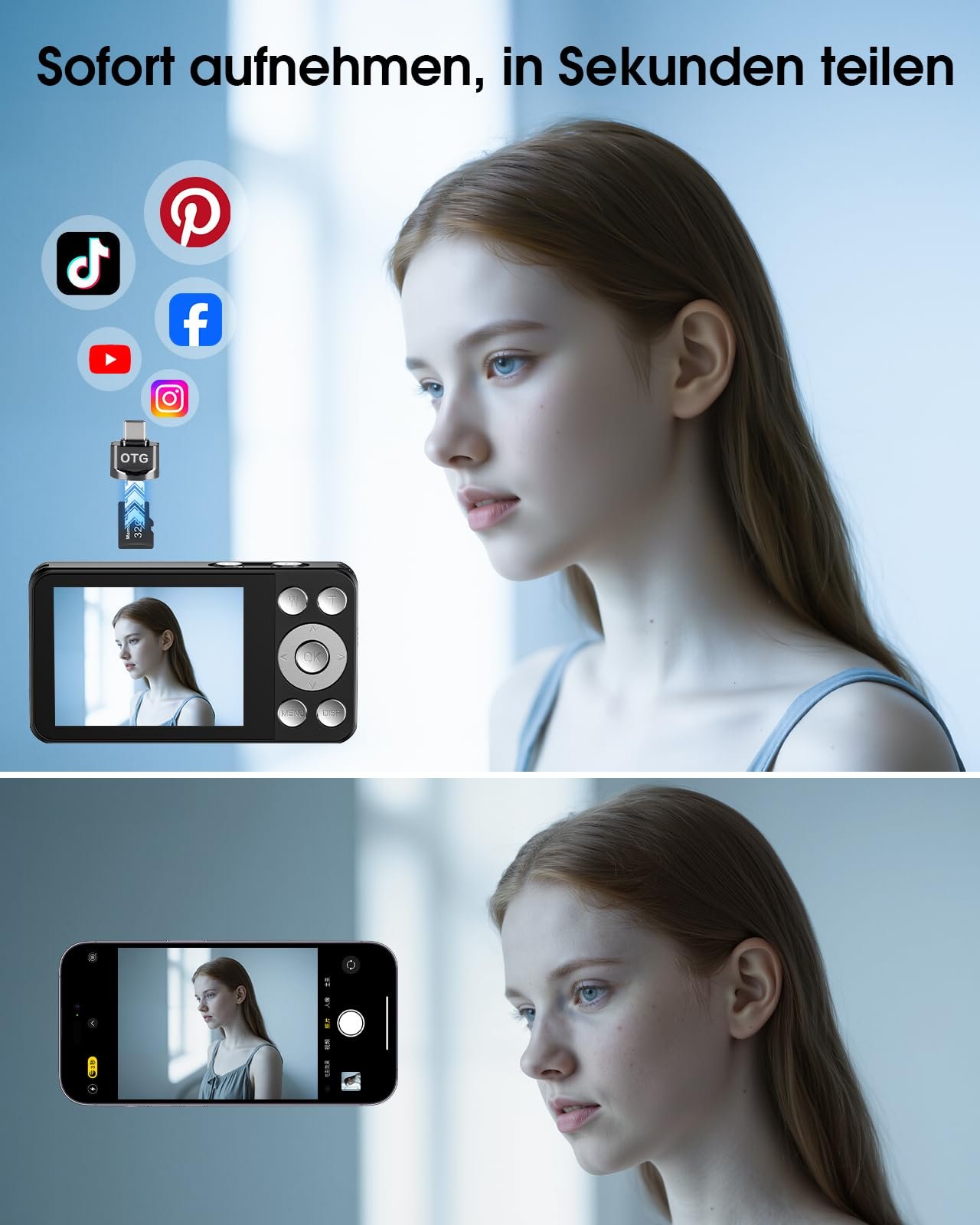 Цифровой фотоаппарат 64MP 4K с двойным объективом, корпус из цинкового сплава, 2.8-дюймовый ЖК-экран, карта Micro SD 32 ГБ, 18-кратный цифровой зум и OTG-адаптер, компактный фотоаппарат для подростков, начинающих (черный), фото №5
