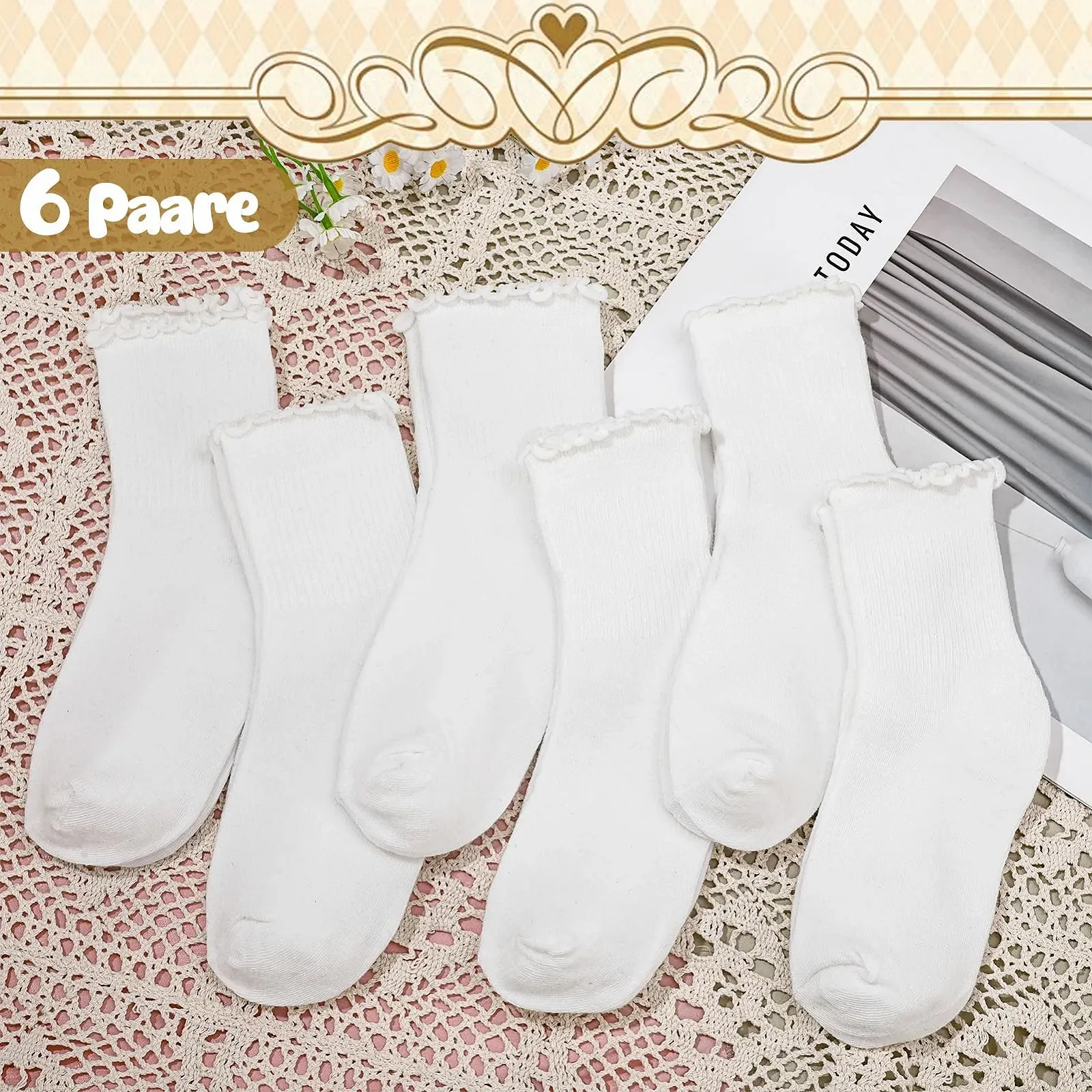 Носки с рюшами, 6 пар, хлопковые носки с рюшами, мягкие дышащие носки, белые, размер 35-39, фото №4