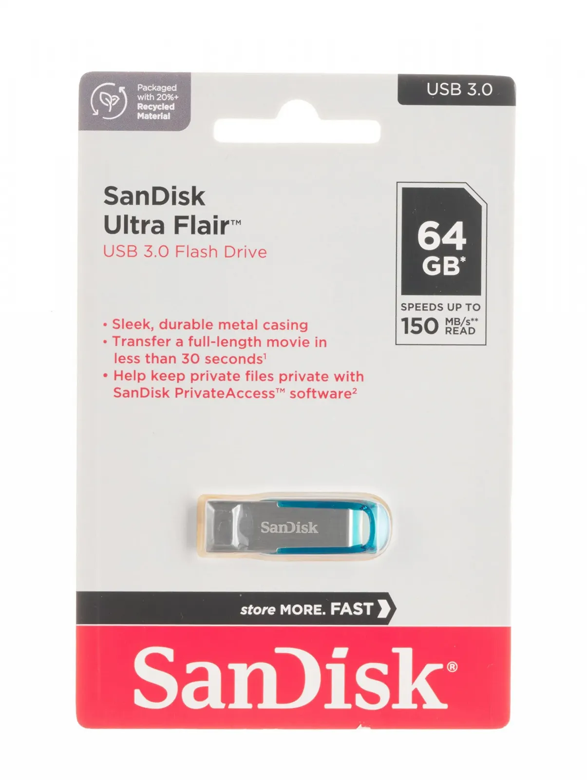 USB-флеш-накопичувач SanDisk Ultra Flair 64GB USB 3.0 130 МБ/с Blue, фото №6