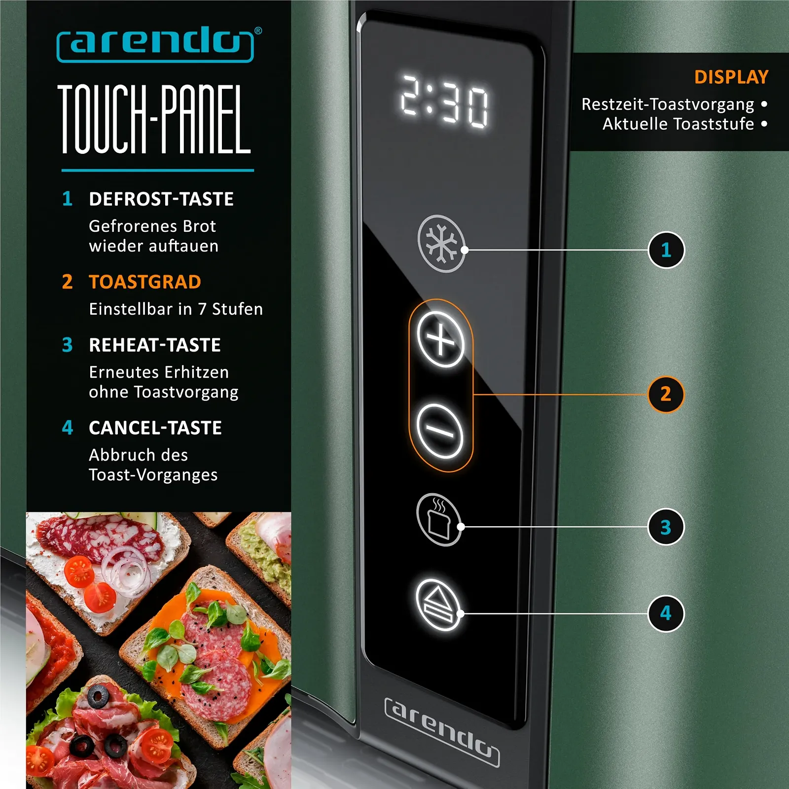 Тостер Arendo FRUKOST TOUCH 4 скибочки, довгий слот, нержавіюча сталь, сенсорний екран, 1500 Вт, інтегрована насадка для булочок, 7 рівнів підсмажування, центрування хліба, індикатор залишкового часу, пам'ять, фото №4