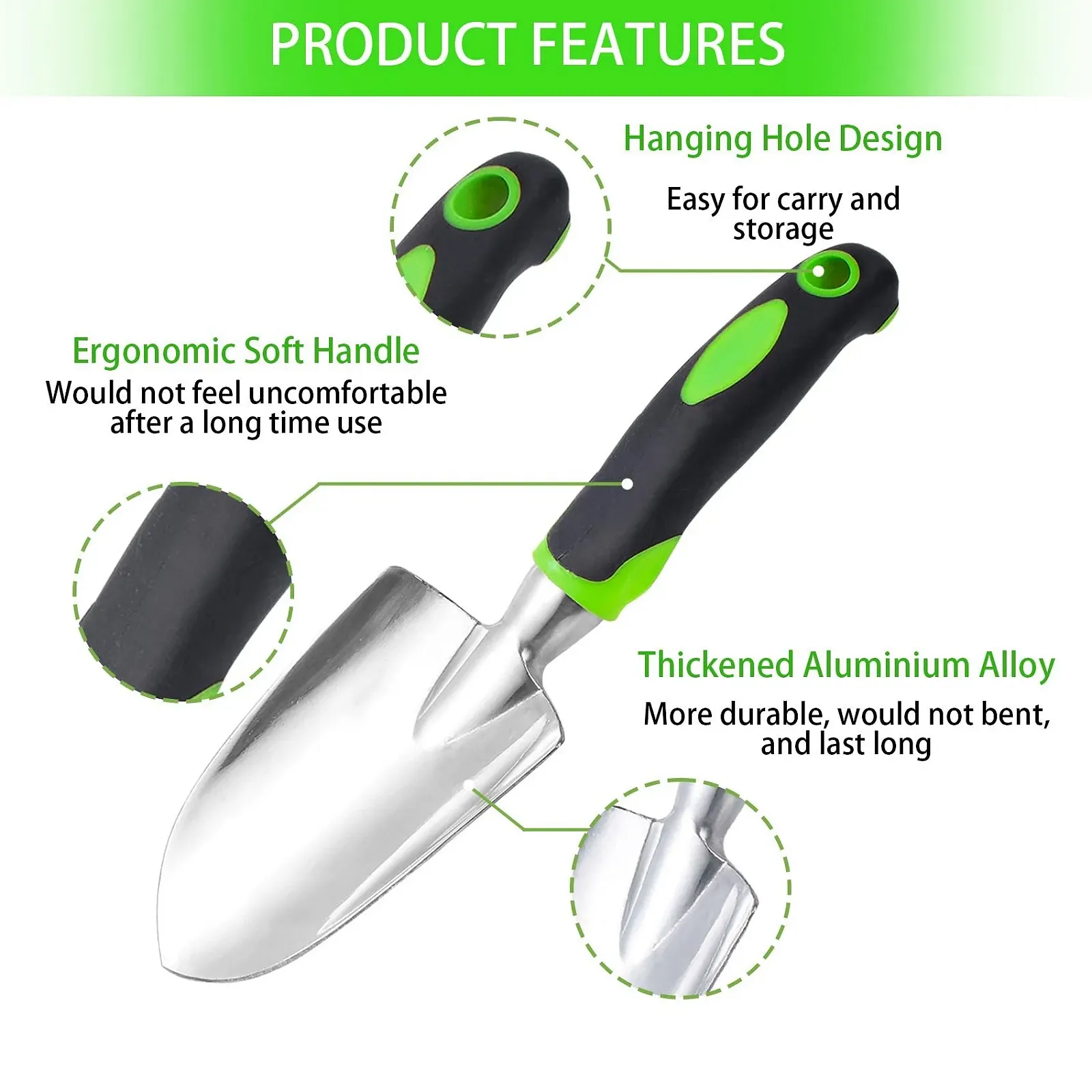 Лопата совковая садовий з нековзною ручкою для садівництва, широка лопата, загострена з м'якою прогумованою нековзною ергономічною ручкою для прополки, пересадки, посадки в горщики, копання в саду, садовий подарунок, фото №3