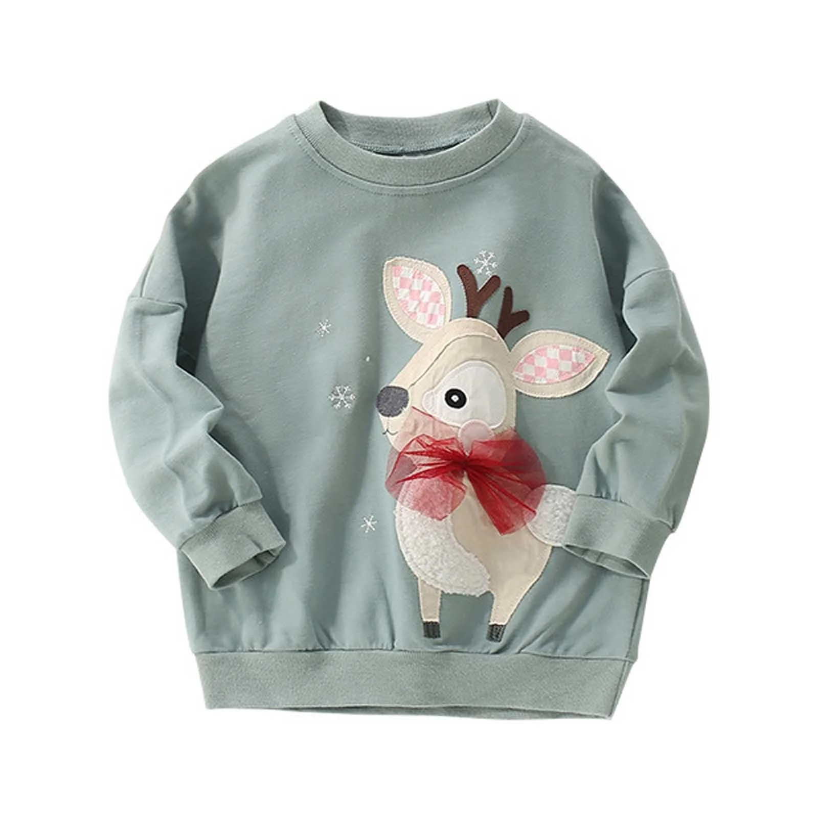 Пуловер для девочек - свитшот для девочек с принтом оленя, длинные рукава, круглый вырез, повседневный верх, мягкий флисовый худи для малышей и подростков, фото №1