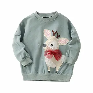 Пуловер для девочек - свитшот для девочек с принтом оленя, длинные рукава, круглый вырез, повседневный верх, мягкий флисовый худи для малышей и подростков - Фото 1