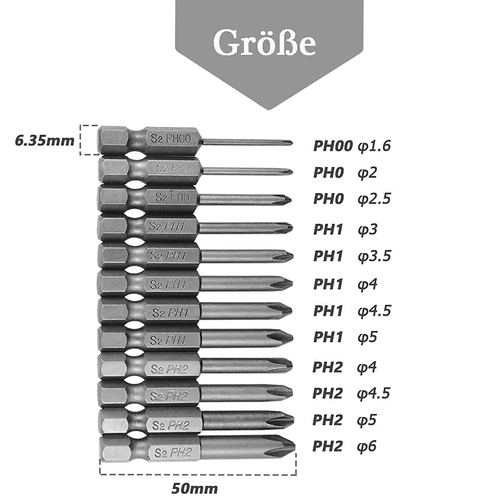 Набір біт для викрутки Phillips Mesee 12 шт. 1/4 дюйма S2 Steel 50 мм Magnetic Hex Shank, фото №3