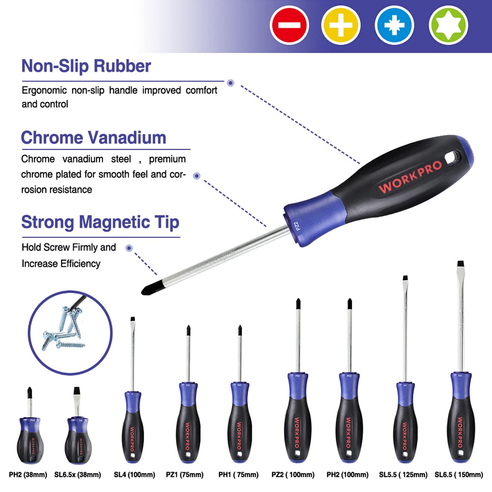 Набор отверток WORKPRO Professional Magnetic & Mini Precision (SL/PH/Torx/PZ) из Cr-V с кейсом и нескользящей рукояткой 16 штук для DIY и точной механики, фото №6
