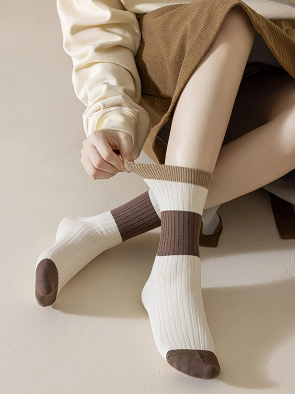 Женские носки в рубчик, набор 5 пар - коричневые и бежевые полоски, фото №6