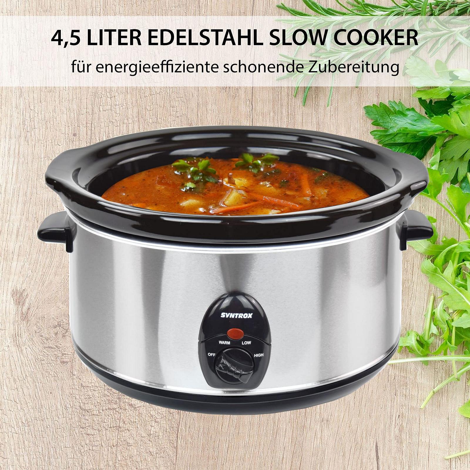 Мультиварка Syntrox Germany Slow Chef SC-450M_Deli 4,5 Літра з функцією підігріву, скляна кришка та міцна керамічна чаша - 280 Ват, Нержавіюча сталь, фото №4