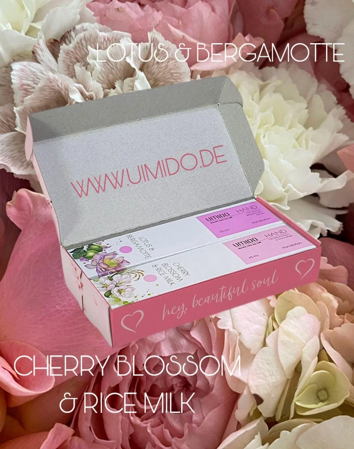 Подарочный набор UMIDO с 2 лосьонами для рук Лотос и Бергамот - Цветок вишни и рисовое молоко, 45 мл каждый, фото №3