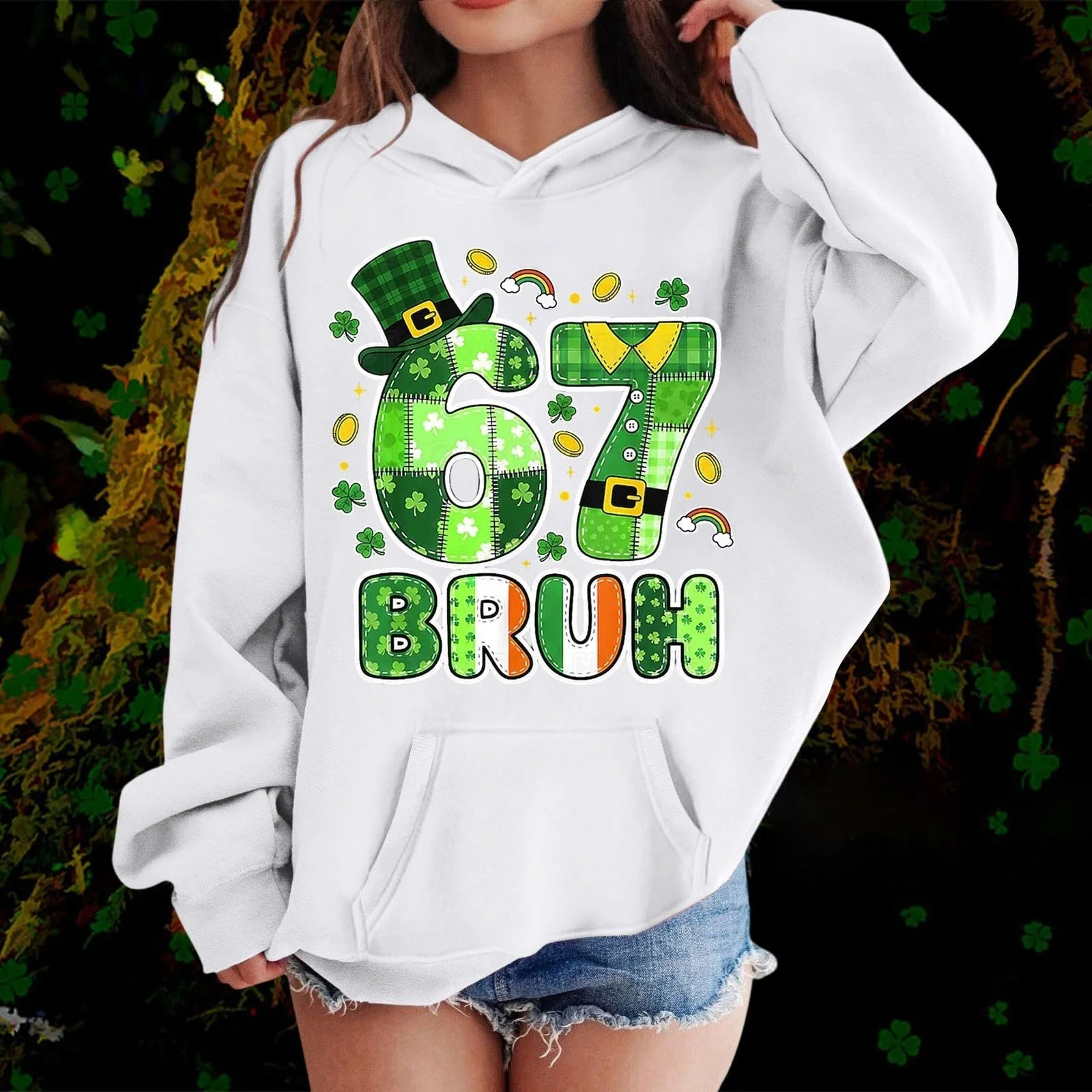 Худи 67 Meme, подростковое, с длинным рукавом, с принтом 67 ко Дню Святого Патрика, удобный мягкий свитшот, уличная одежда для мальчиков и девочек, повседневная куртка, фото №3