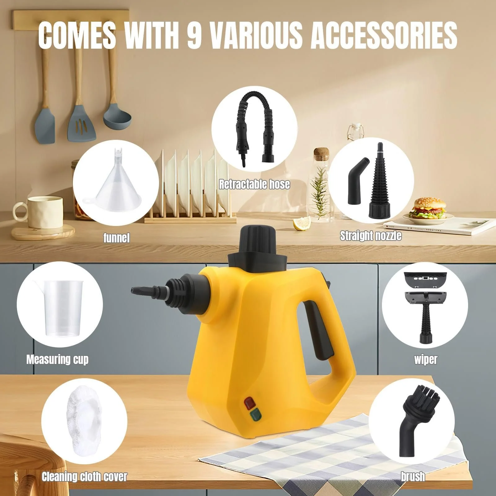 Ручной пароочиститель 1000 W 3.0 Bar 350 ml с 9 аксессуарами для дома и автомобиля, фото №5