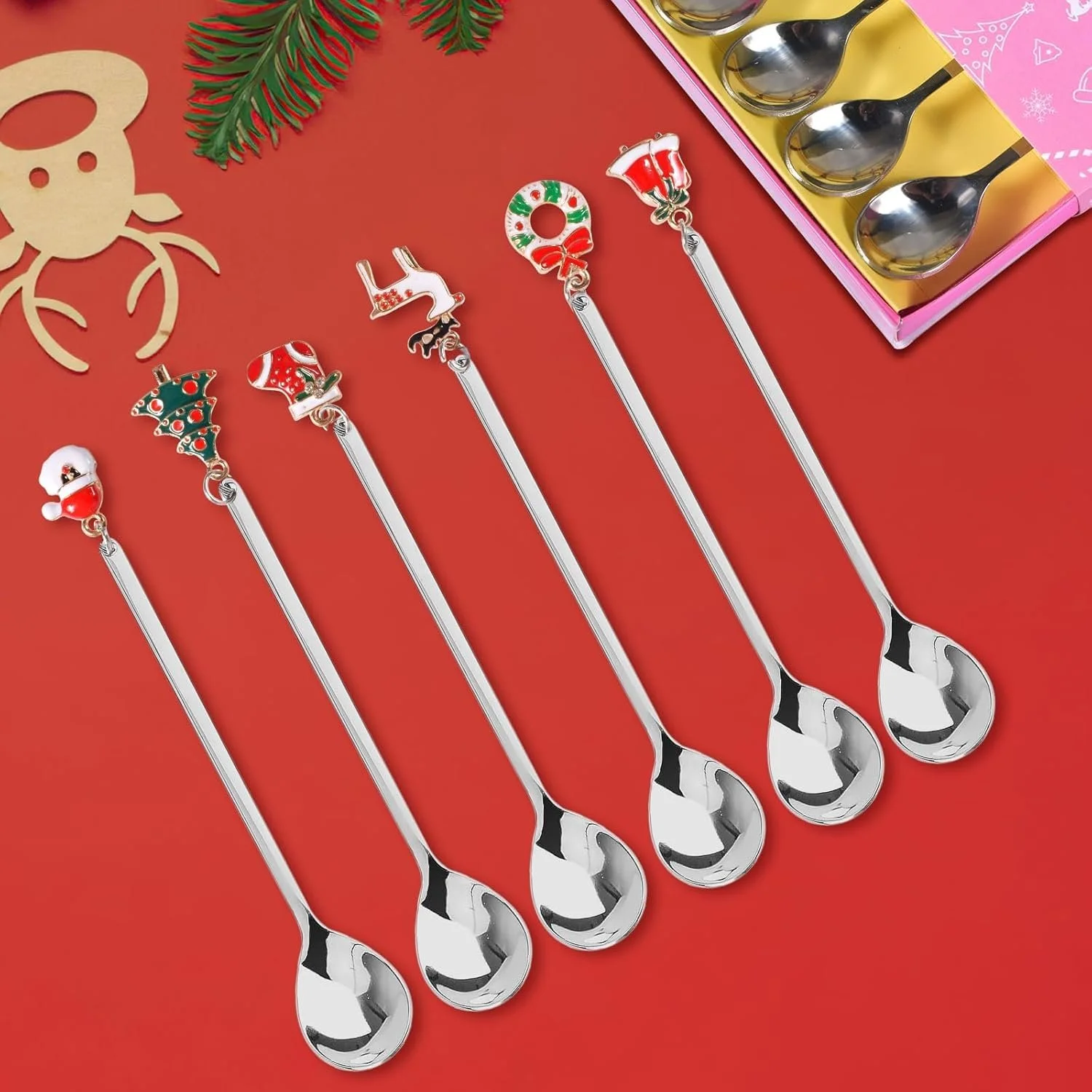 Набор из 6 рождественских ложек, маленькие бытовые ложки, десертные ложки, рождественские кофейные ложки, маленькие ложки, набор столовых приборов из нержавеющей стали, для чая, супа, подарочная упаковка, фото №5