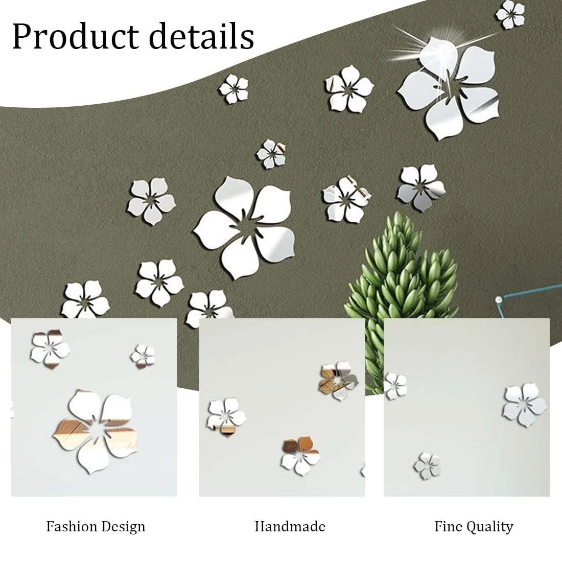 Наклейки на стіну Набір 18 шт. Акрилові квіти Метелики 3D Дзеркальні Сріблястий, фото №3