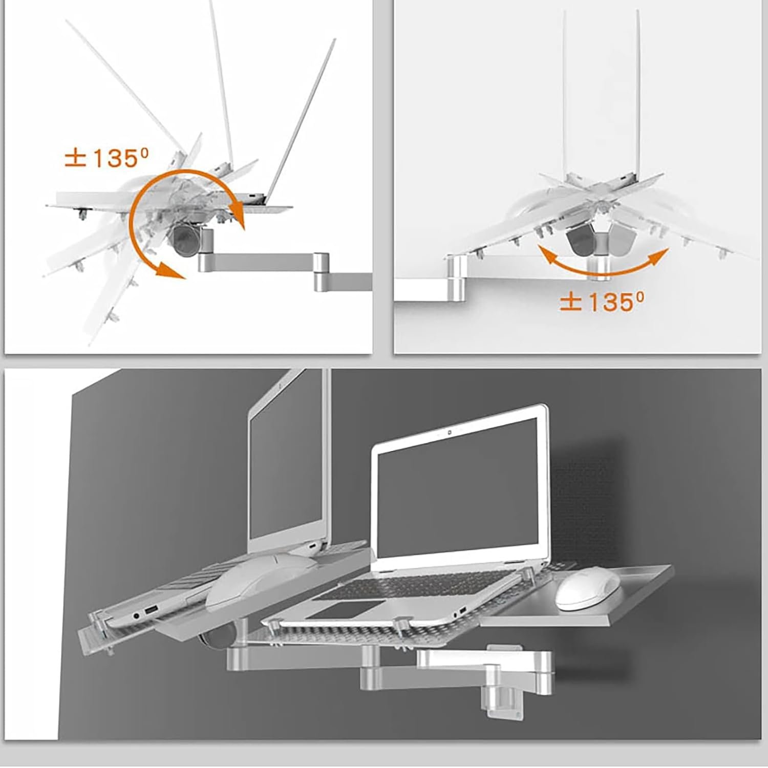 Регулируемая Подставка для Ноутбука настенная, Вентилируемая Подставка для Ноутбука, Полностью Подвижная, Вращающаяся Подставка для Ноутбука, с Отделением для Мыши, Поддерживает до 8 кг, фото №3
