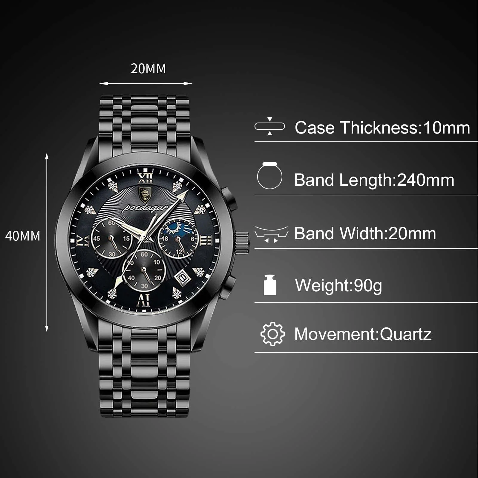 Мужские часы Rorios Кварцевые аналоговые с кожаным ремешком Водонепроницаемые с календарем Хронограф, фото №5