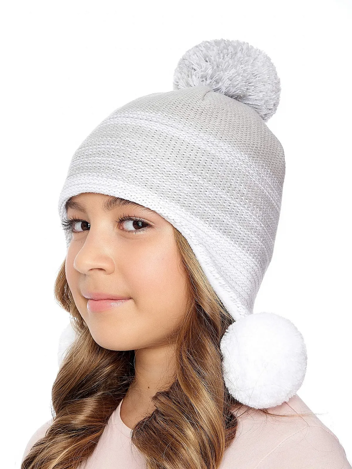 Шапка вязаная Marhatter Зимняя для девочек с помпоном, серая, фото №3