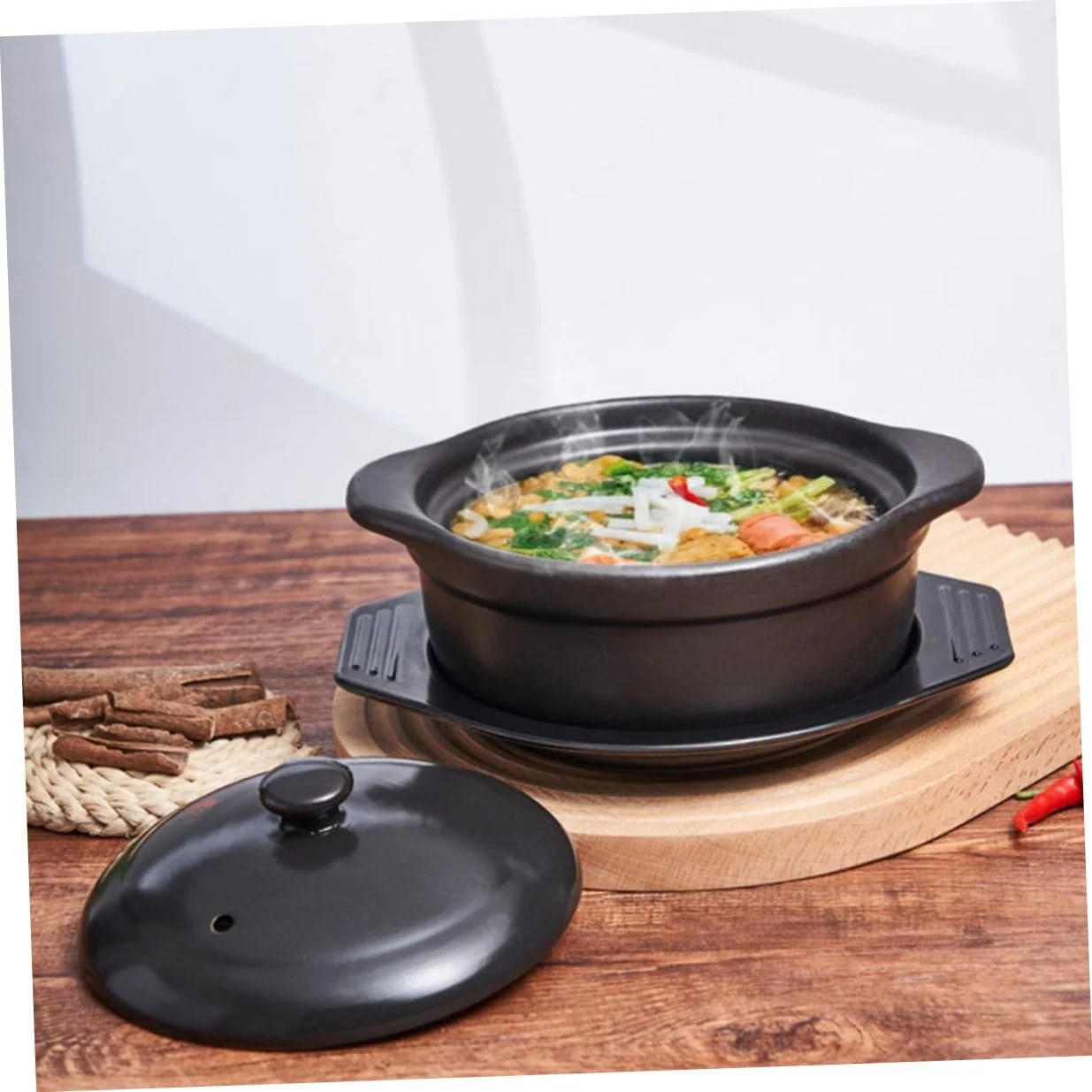 Керамическая кастрюля для тушения Toyvian с крышкой и силиконовой подставкой антипригарная термостойкая, фото №8