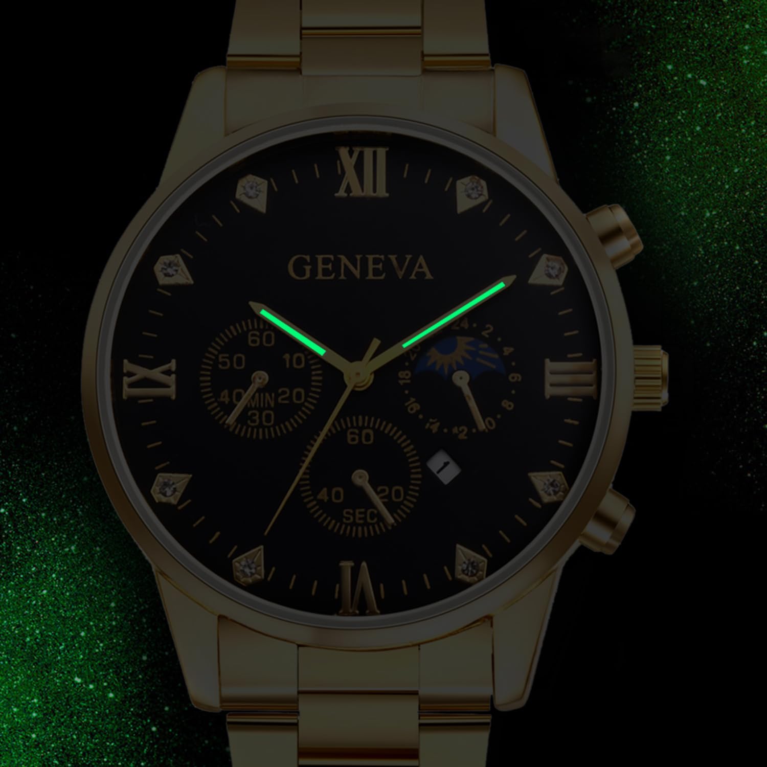 Часы Avaner Мужские Нержавеющая сталь Люминесцентный Циферблат с Россыпью Камней Кварцевые Золотой, фото №4