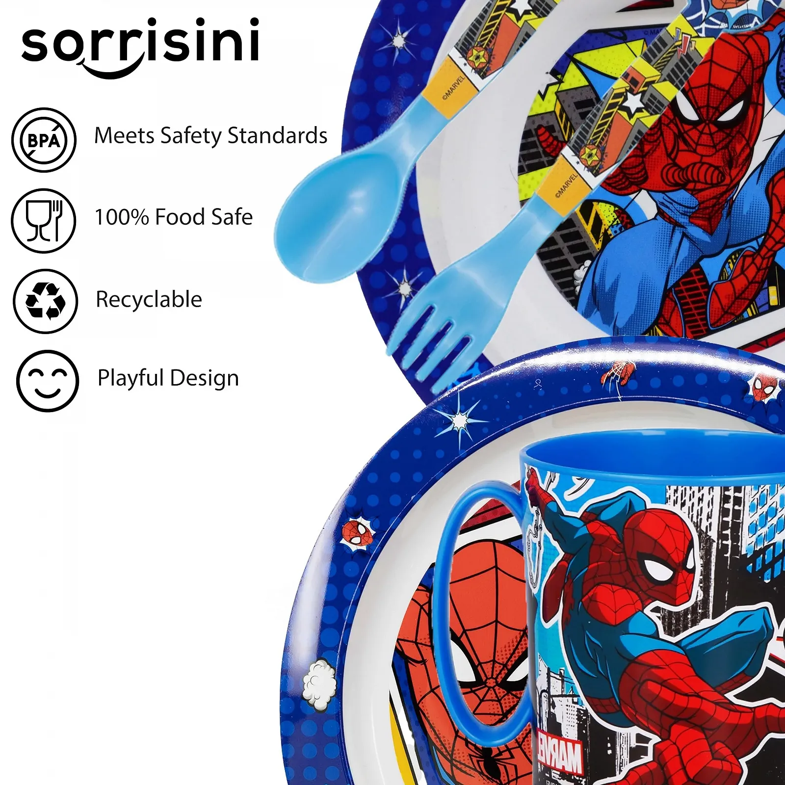 Набор детской посуды Sorrisini Spiderman (Тарелка, миска, чашка 350 мл, детские столовые приборы), фото №5 Набор детской посуды Sorrisini Spiderman (Тарелка, миска, чашка 350 мл, детские столовые приборы), фото №5