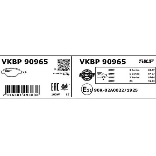 Комплект гальмівних колодок дискового гальма SKF VKBP 90965 для BMW задня вісь, фото №2 Комплект гальмівних колодок дискового гальма SKF VKBP 90965 для BMW задня вісь, фото №2