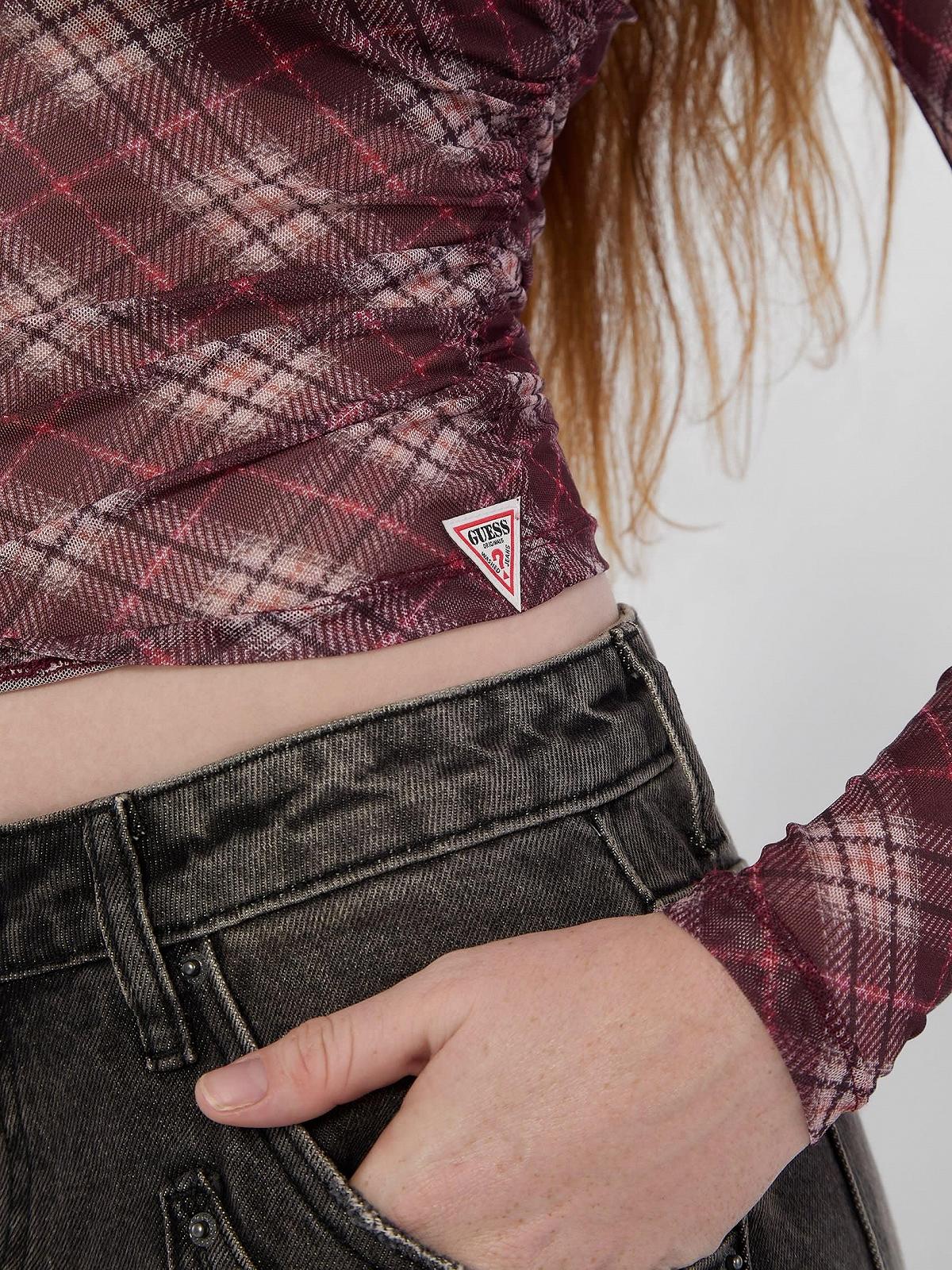 Женский Лонгслив Guess - Originals Printed Mesh Top - Бордовый в клетку - S, фото №3