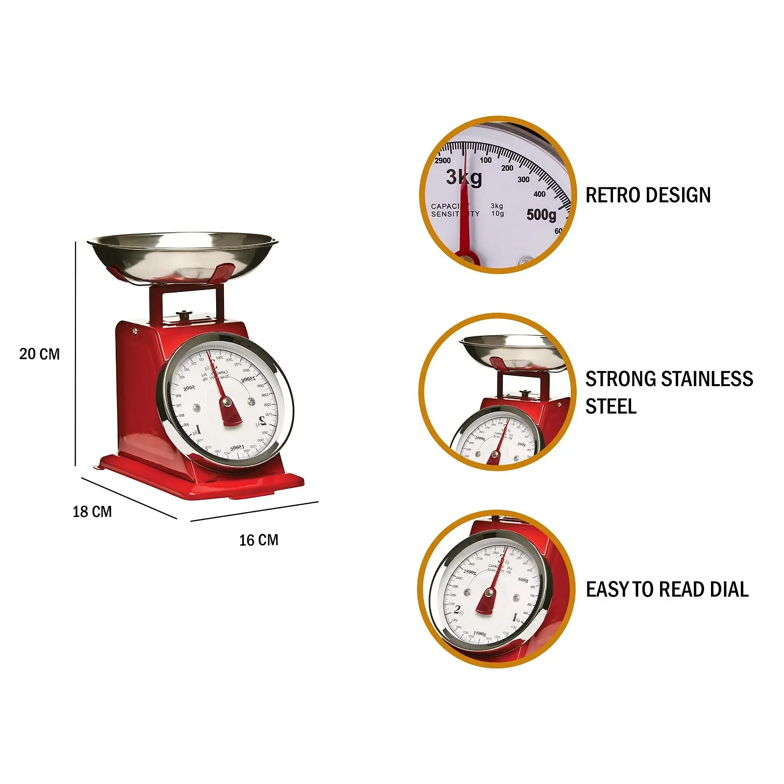 Кухонні ваги Premier Housewares Retro 3 kg з чашею Нержавіюча сталь Red, фото №6 Кухонні ваги Premier Housewares Retro 3 kg з чашею Нержавіюча сталь Red, фото №6