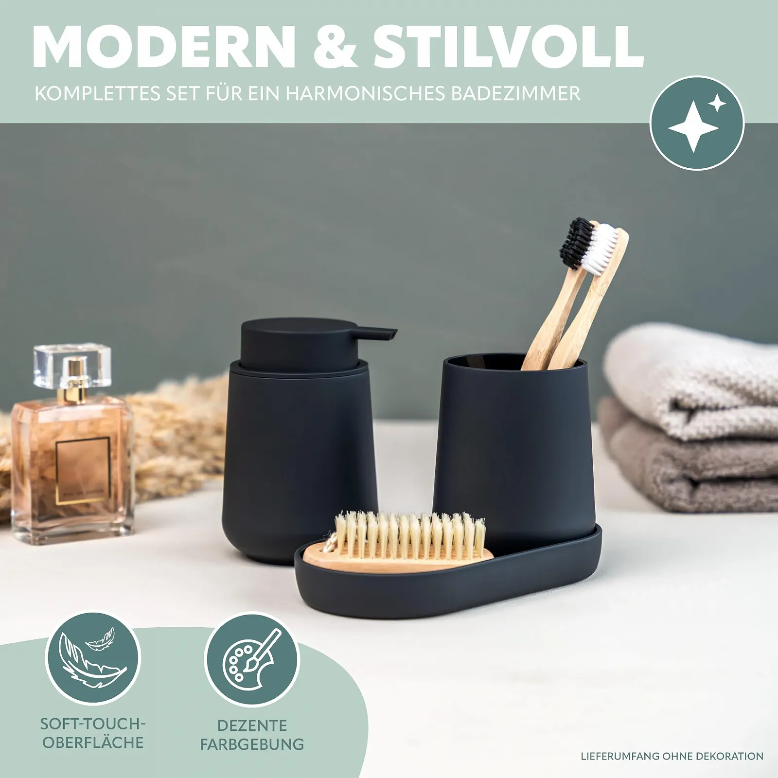 Набор для ванной комнаты eluno Tesero, 3 предмета дозатор мыла, стакан и мыльница, пластик, черный, фото №2