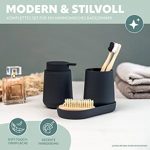 Набор для ванной комнаты eluno Tesero, 3 предмета дозатор мыла, стакан и мыльница, пластик, черный цена на synthetic.ua - Фото 1 Набор для ванной комнаты eluno Tesero, 3 предмета дозатор мыла, стакан и мыльница, пластик, черный synthetic.ua - Фото 1