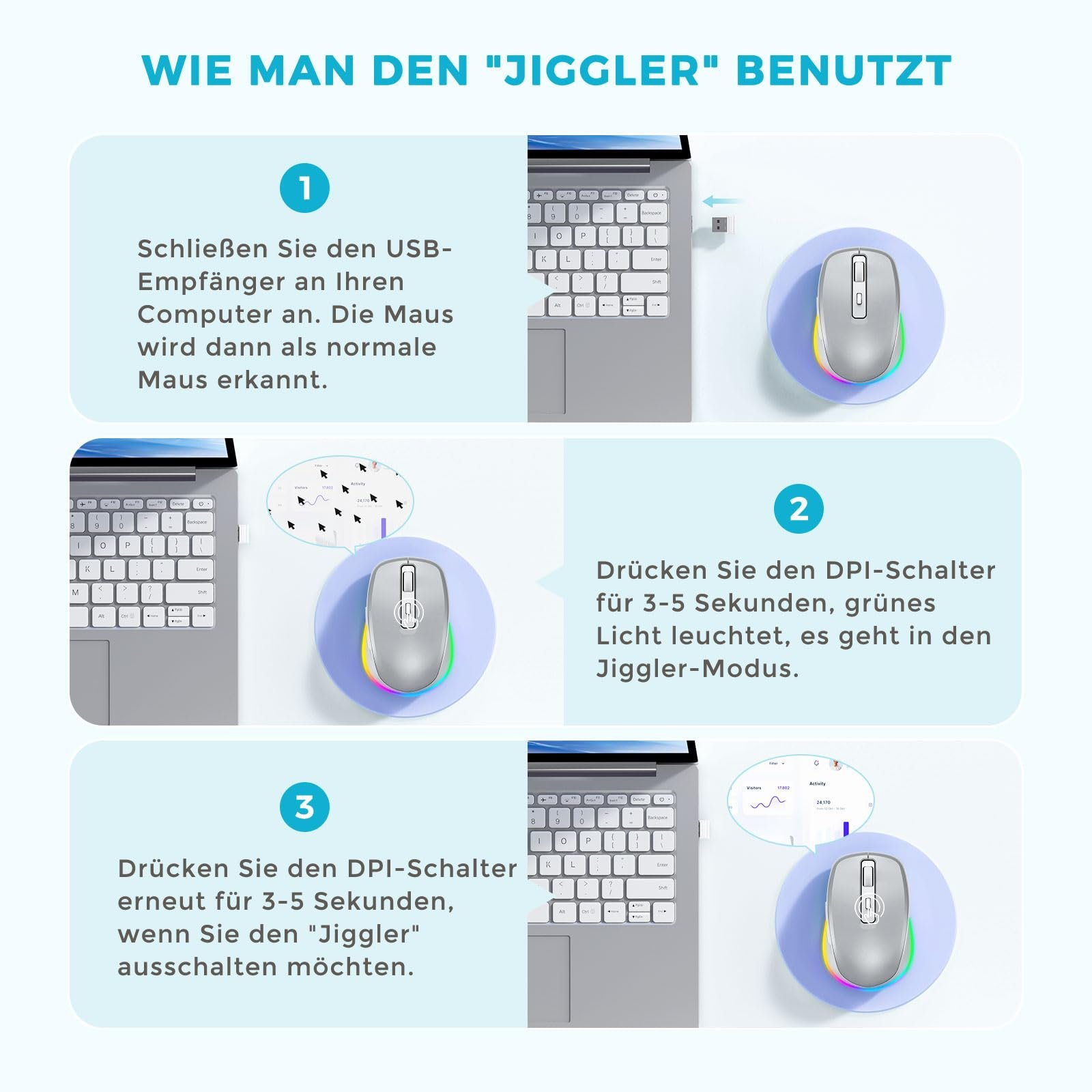 Мышь беспроводная Seenda, LED, перезаряжаемая, с Mouse Jiggler, тихая, 2.4G USB, 2000 DPI, белая, фото №5