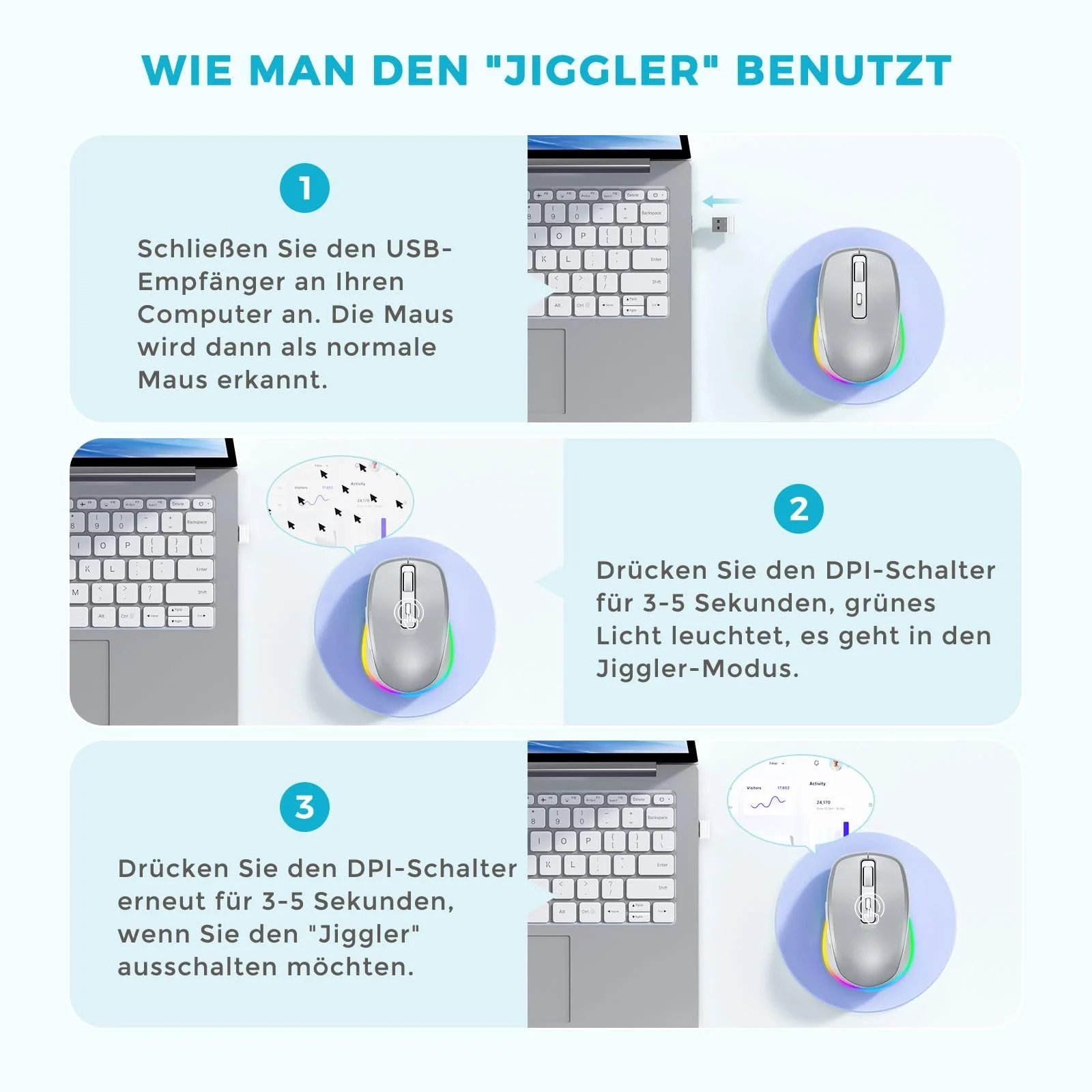 Мышь беспроводная Seenda, LED, перезаряжаемая, с Mouse Jiggler, тихая, 2.4G USB, 2000 DPI, белая, фото №5