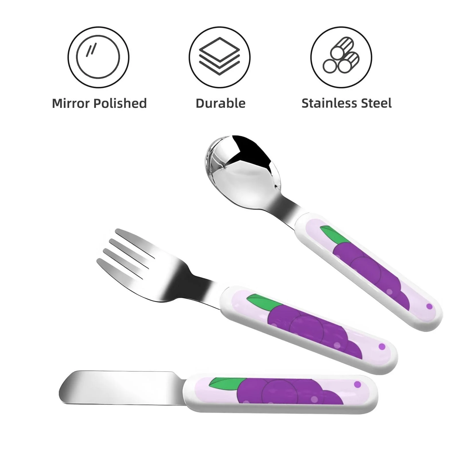 Набір дитячих столових приборів з мультяшним принтом винограду, три предмети, багаторазовий, фото №2 Набір дитячих столових приборів з мультяшним принтом винограду, три предмети, багаторазовий, фото №2