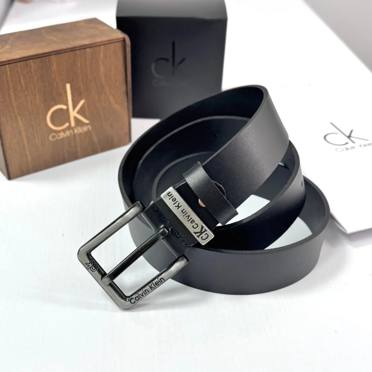 Чоловічий ремінь Calvin Klein чорний шкіряний пояс, фото №3