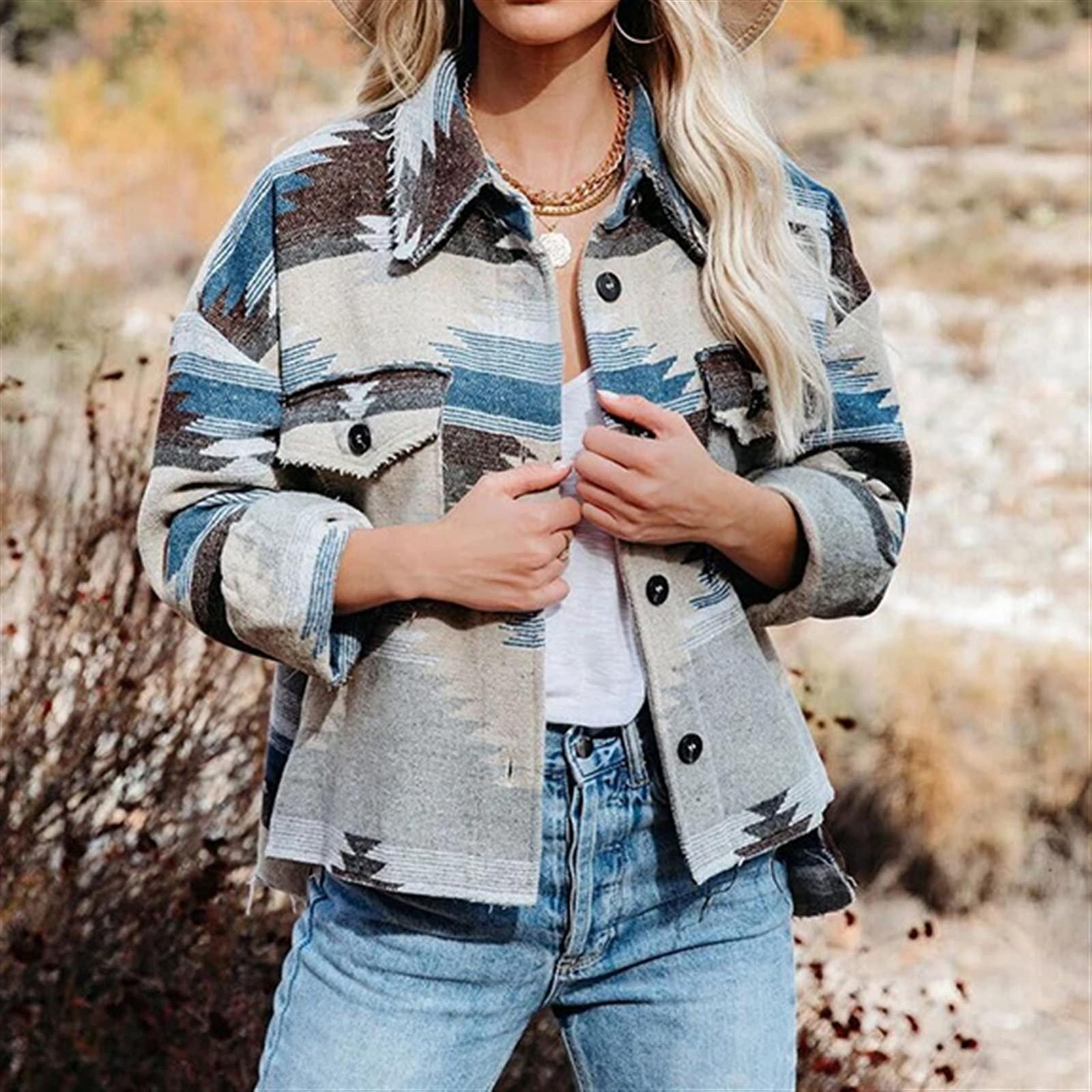 Джинсова куртка Sawmew Жіноча з геометричним принтом Довгий рукав Піджак Shacket Ковбойський Денім Пальто з кишенями, фото №3 Джинсова куртка Sawmew Жіноча з геометричним принтом Довгий рукав Піджак Shacket Ковбойський Денім Пальто з кишенями, фото №3