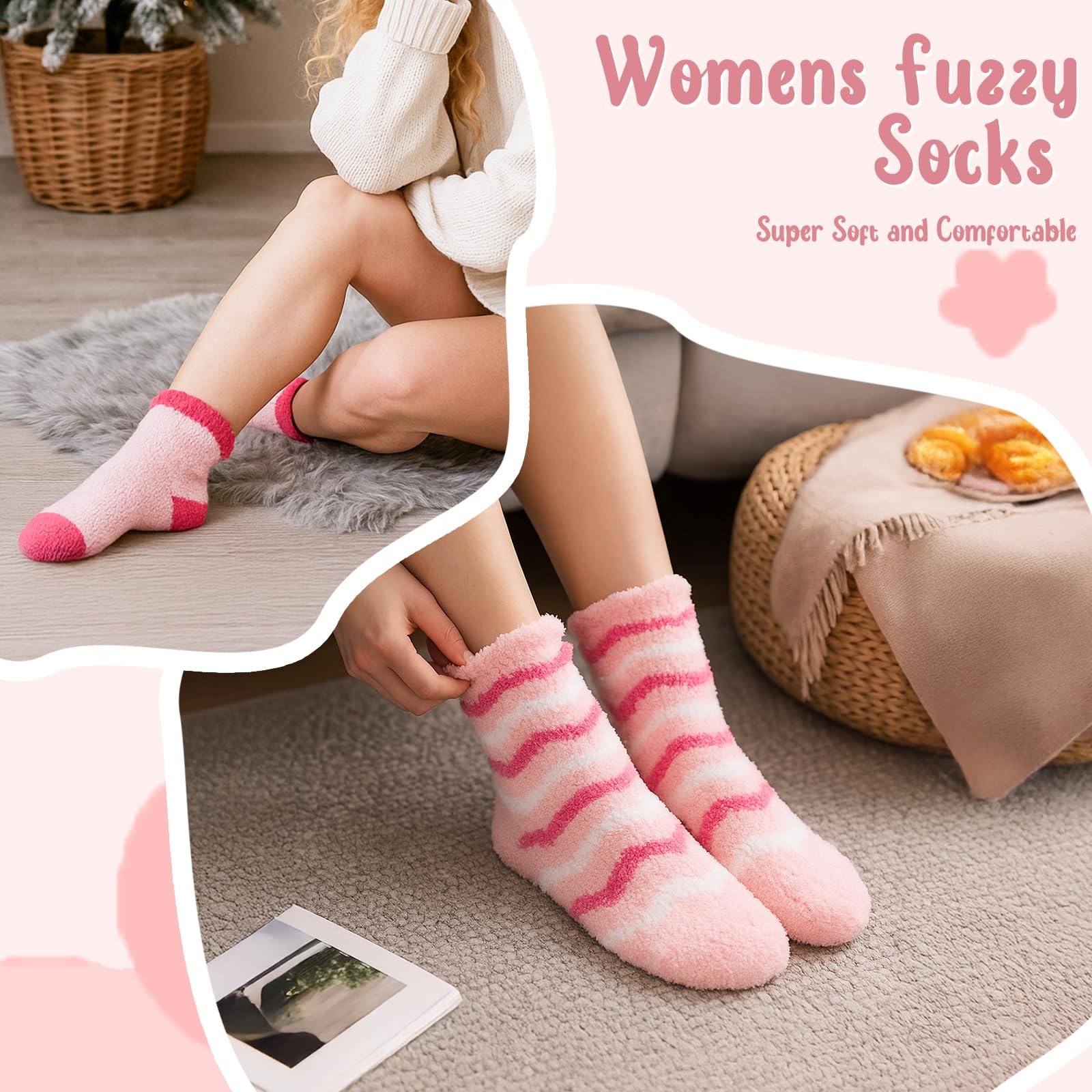 Носки Женские Пушистые 3 Пары Полосатые Розовые (Сердце), фото №5