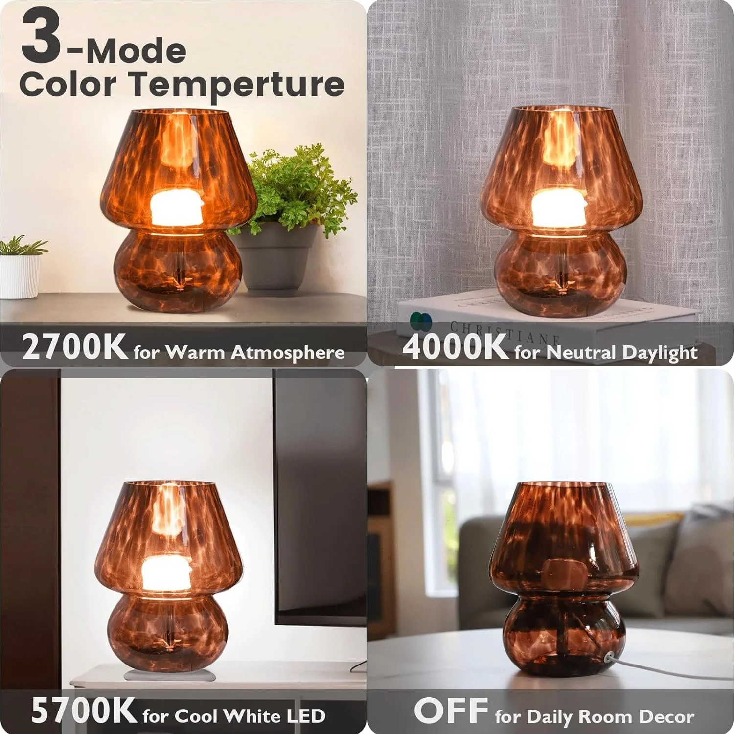 Настільна лампа Mushroom Lamp вінтажна скляна у формі гриба димована 3 режими світла LED ретро, фото №4