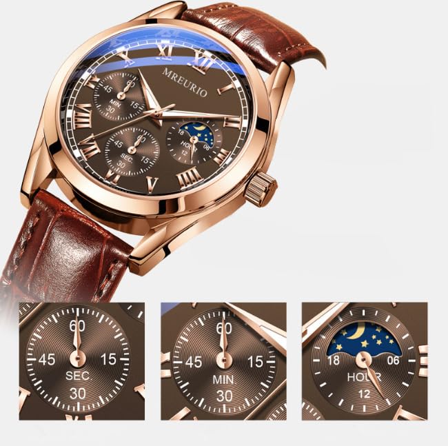 Часы JOATVEE Мужской Хронограф Аналоговые Кварцевые Лунная фаза Кожаный ремешок Водостойкий Деловой Мужской, фото №4