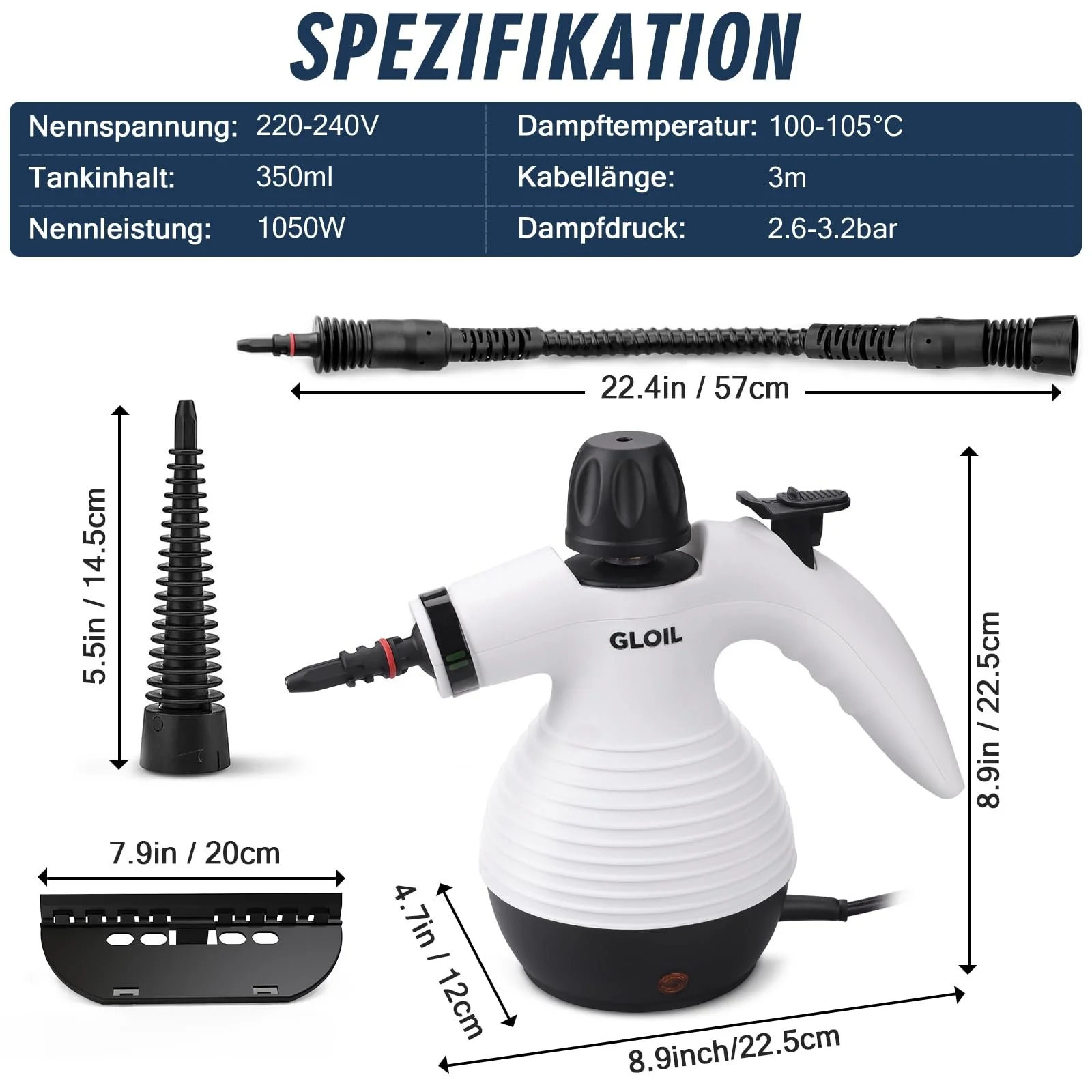 Пароочисник портативний GLOIL багатофункціональний 10 аксесуарів 1050W, фото №7