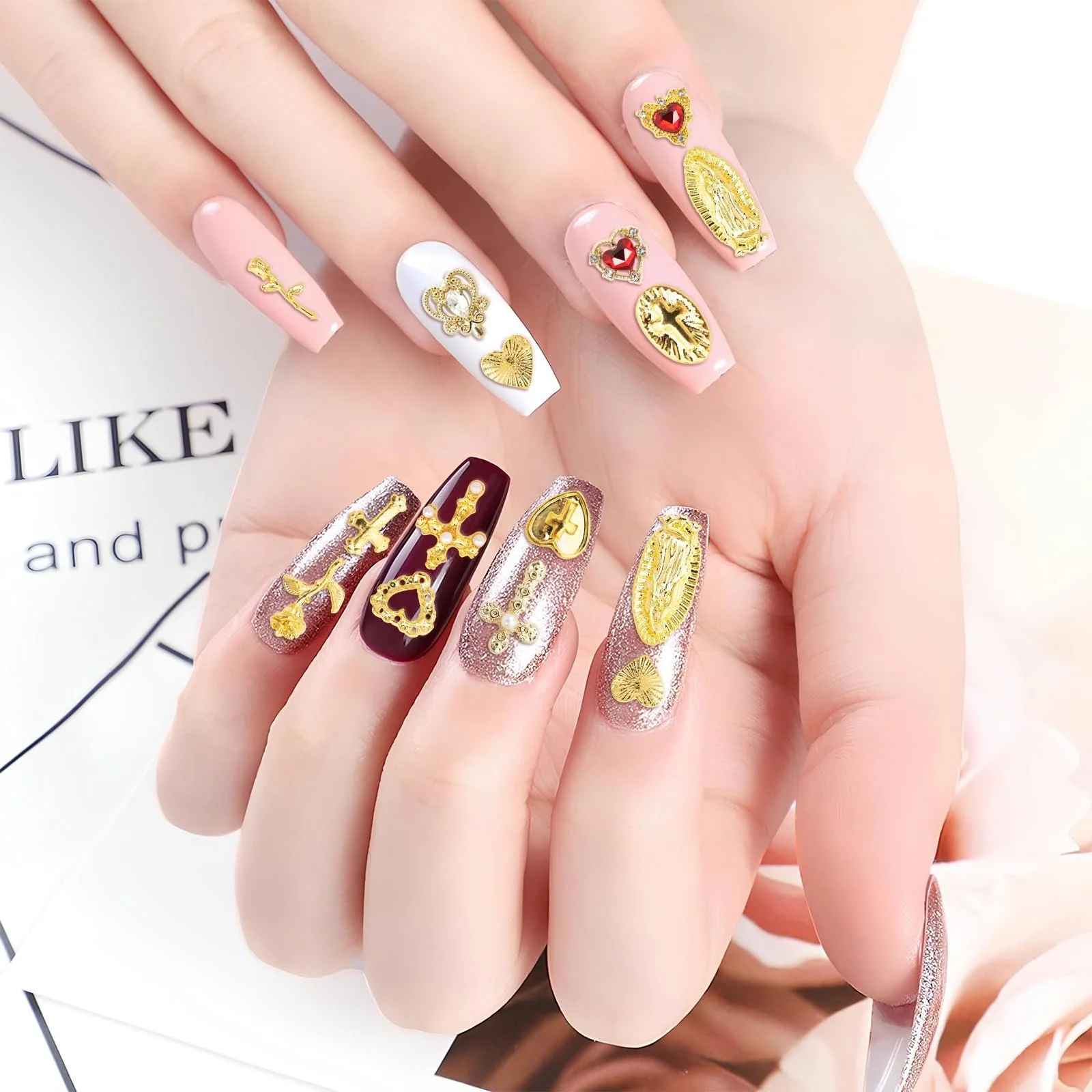 Набор украшений для ногтей 128 шт Золото, Крест, Роза, Сердца, Дева Мария, 3D украшения для ногтей Y2K, украшения для ногтей, фото №3