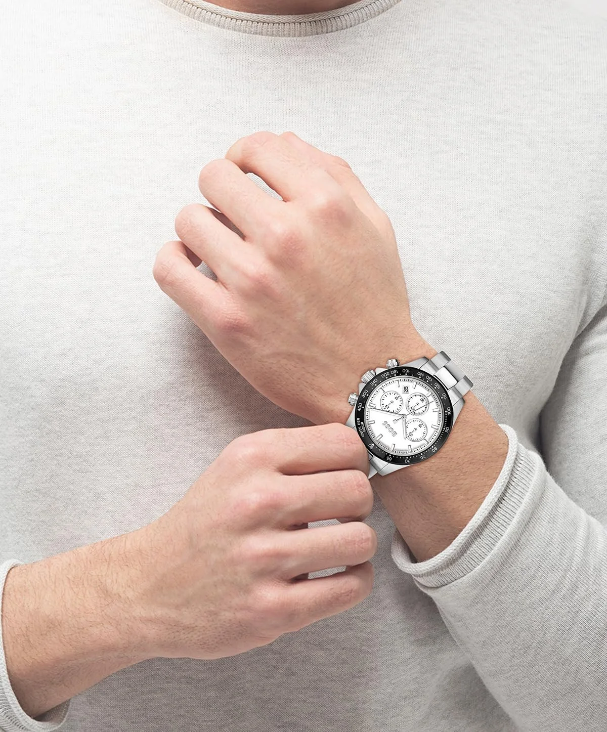 Мужской Хронограф BOSS Коллекция Hero 43 мм Кварцевые часы со стальным браслетом (звенья или сетка), функция даты, 3 дополнительных циферблата, водостойкость 5 ATM, фото №4 Мужской Хронограф BOSS Коллекция Hero 43 мм Кварцевые часы со стальным браслетом (звенья или сетка), функция даты, 3 дополнительных циферблата, водостойкость 5 ATM, фото №4