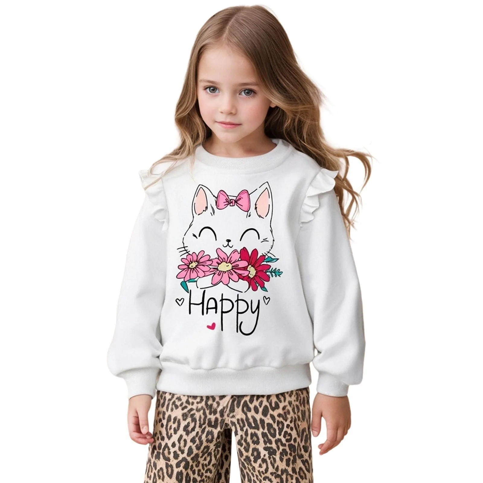 Дівчачий світшот Generisch з круглим вирізом, принтом котів, довгими рукавами, бавовняний, фото №4